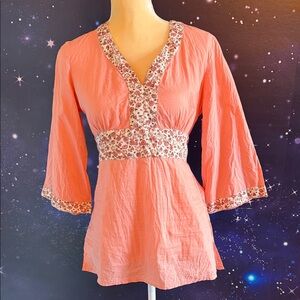 Chic Coral Floral Trim Blouse